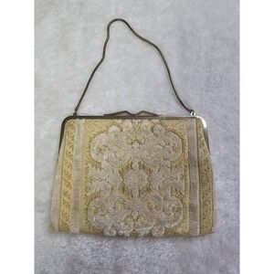 Vintage Yellow Tapestry Evening Bag With Goldtone Snap Closure And Chain Handle